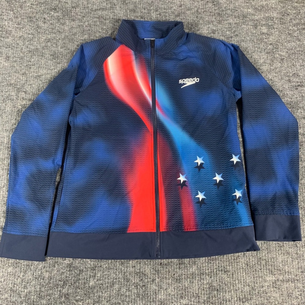 Speedo Track‎ Jacket Mens L Blue Patriotic USA Stars 4th of July Full Zip Soccer